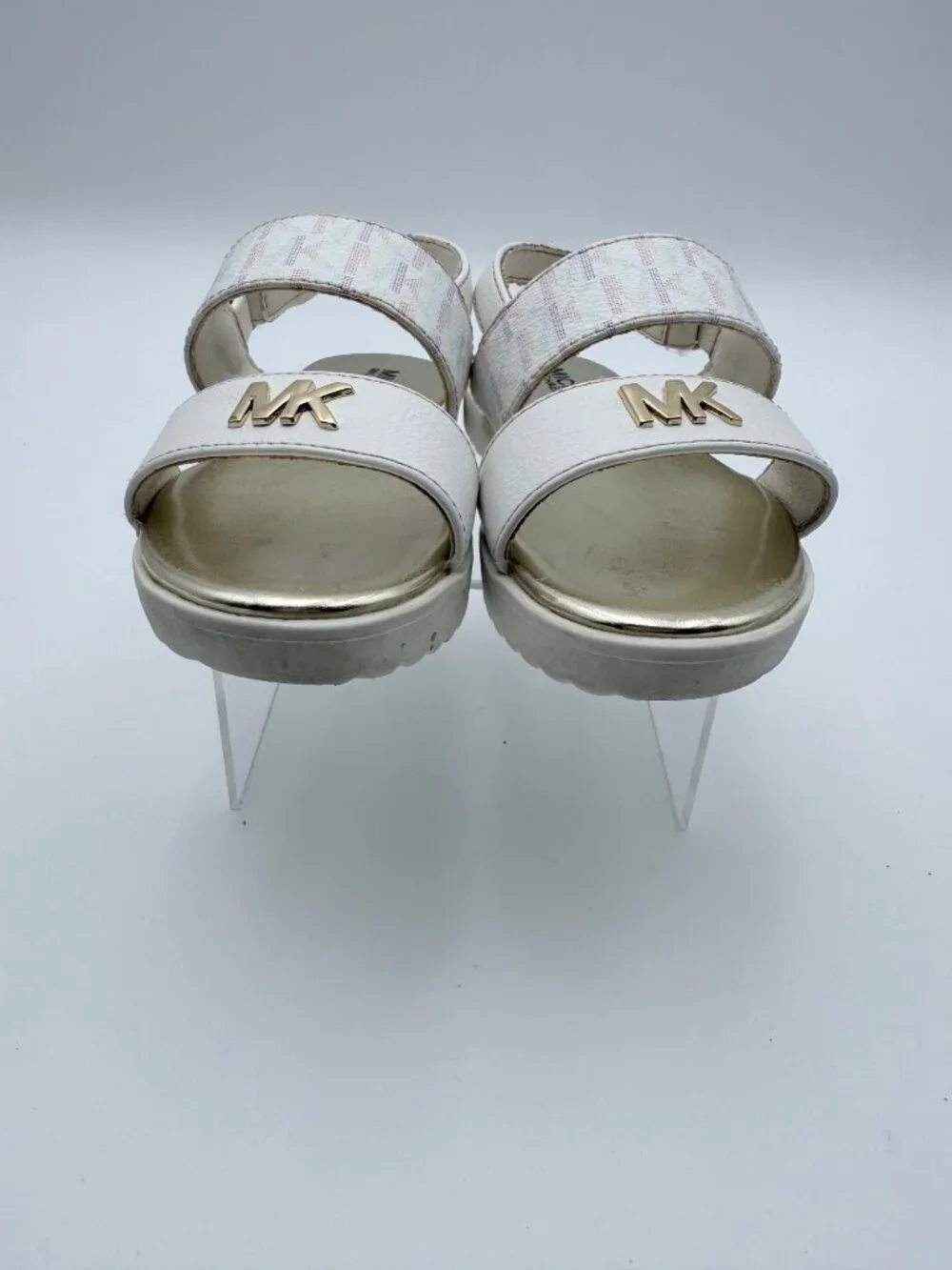 Michael Kors Girls Gold White Sandals MK Logo  Adjustable Straps Size 8